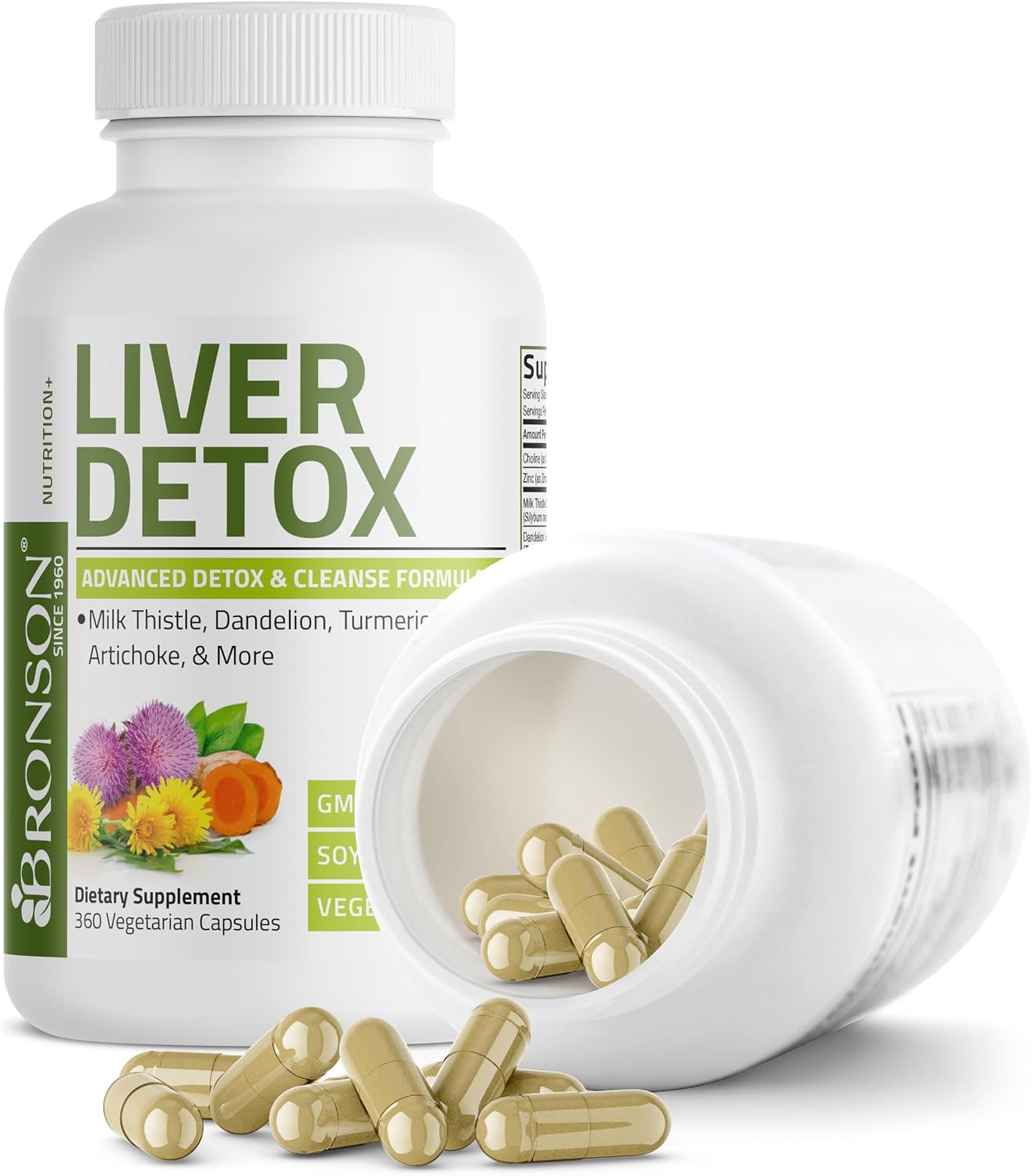 Bronson Desintoxicación Hepática Avanzada Fórmula de Limpieza y Descanso Apoya la Función Saludable del Hígado con Cardo Mariano, Raíz de Diente de León, Cúrcuma, Hoja de Alcachofa y Más, Sin GMO, 60 | Liver Health Support with Milk Thistle, Dandelion Ext