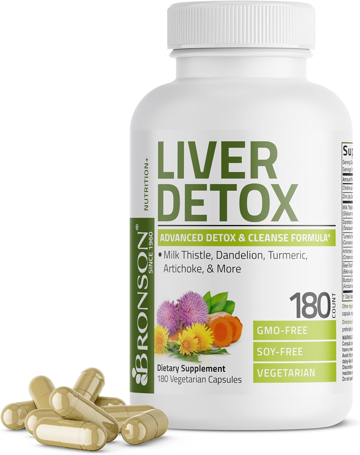 Bronson Desintoxicación Hepática Avanzada Fórmula de Limpieza y Descanso Apoya la Función Saludable del Hígado con Cardo Mariano, Raíz de Diente de León, Cúrcuma, Hoja de Alcachofa y Más, Sin GMO, 60 | Liver Health Support with Milk Thistle, Dandelion Ext