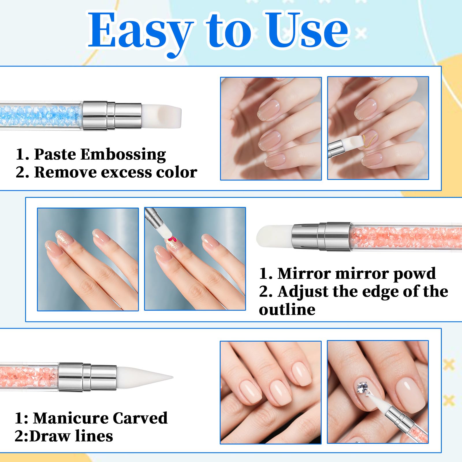 3 bolígrafos de escultura para arte de uñas, herramientas de uñas de silicona de doble punta, cabeza de silicona, pinceles de arte de uñas con mango acrílico, bolígrafo de tallado de esmalte de uñas | Silicone Head Acrylic Handle Nail Art Brushes, Rhinest