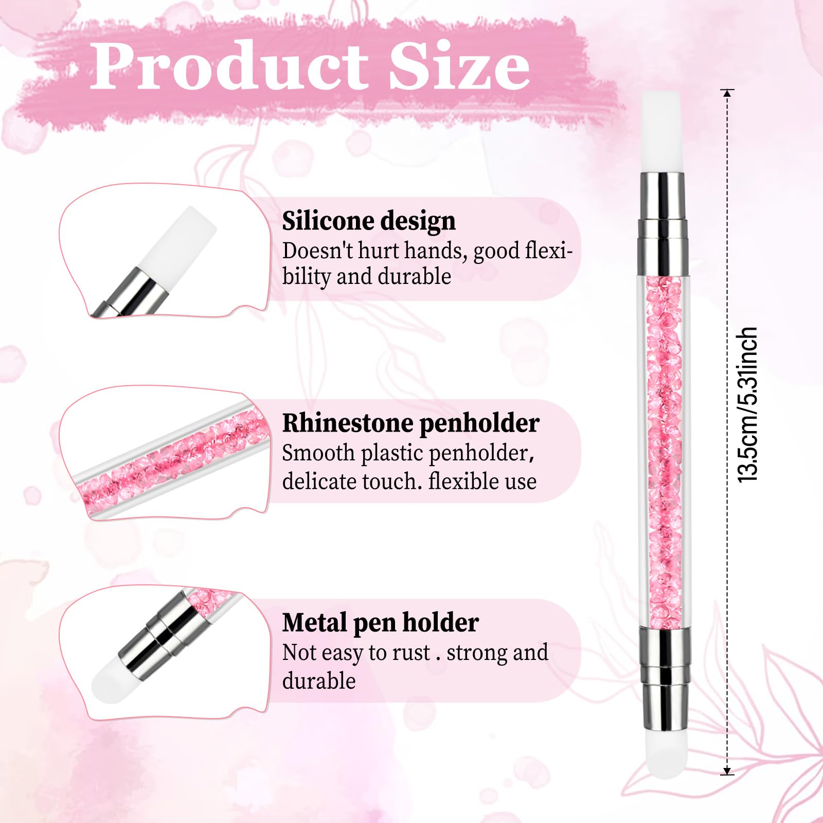3 bolígrafos de escultura para arte de uñas, herramientas de uñas de silicona de doble punta, cabeza de silicona, pinceles de arte de uñas con mango acrílico, bolígrafo de tallado de esmalte de uñas | Silicone Head Acrylic Handle Nail Art Brushes, Rhinest
