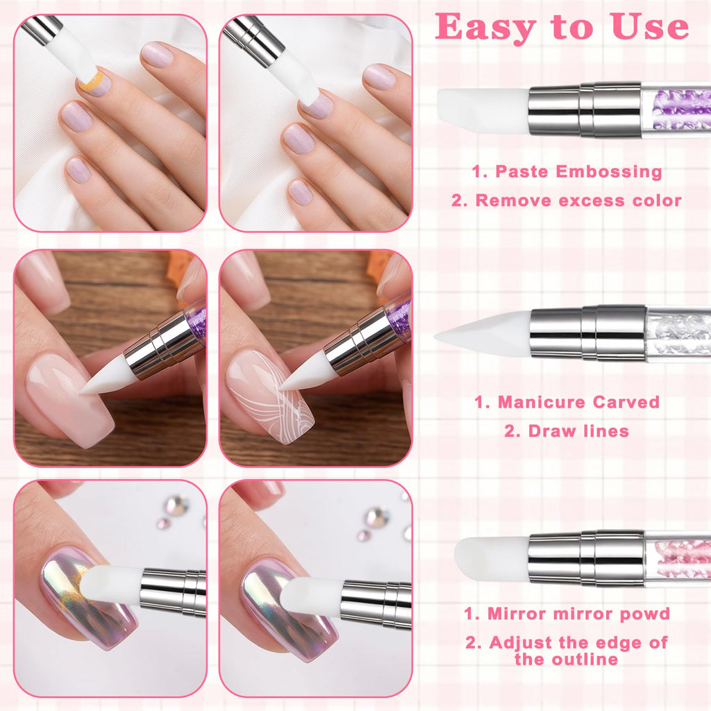3 bolígrafos de escultura para arte de uñas, herramientas de uñas de silicona de doble punta, cabeza de silicona, pinceles de arte de uñas con mango acrílico, bolígrafo de tallado de esmalte de uñas | Silicone Head Acrylic Handle Nail Art Brushes, Rhinest