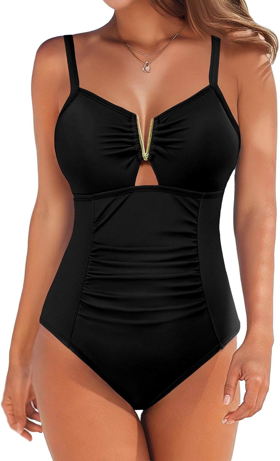 AI'MAGE Traje de baño de una pieza con control de abdomen para mujer, con cuello en V