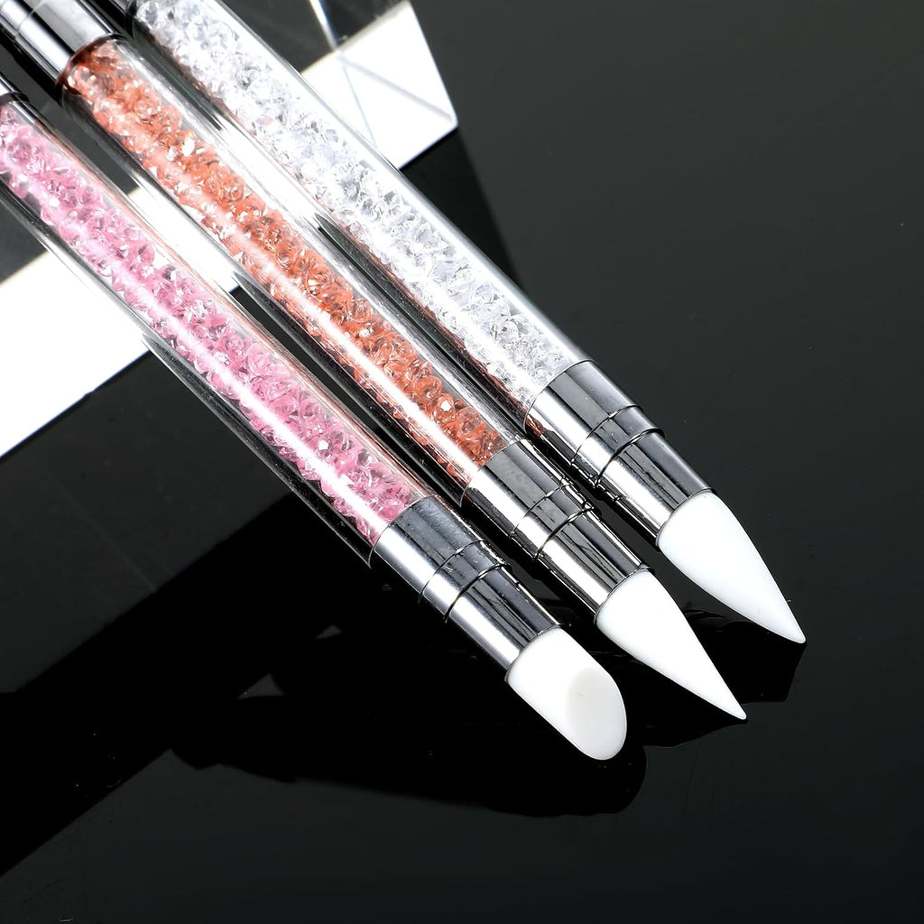 3 bolígrafos de escultura para arte de uñas, herramientas de uñas de silicona de doble punta, cabeza de silicona, pinceles de arte de uñas con mango acrílico, bolígrafo de tallado de esmalte de uñas | Silicone Head Acrylic Handle Nail Art Brushes, Rhinest