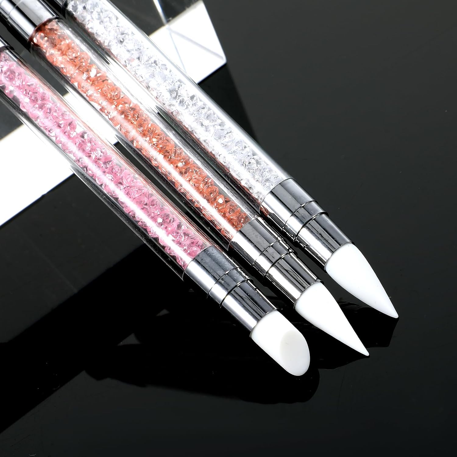 3 bolígrafos de escultura para arte de uñas, herramientas de uñas de silicona de doble punta, cabeza de silicona, pinceles de arte de uñas con mango acrílico, bolígrafo de tallado de esmalte de uñas | Silicone Head Acrylic Handle Nail Art Brushes, Rhinest