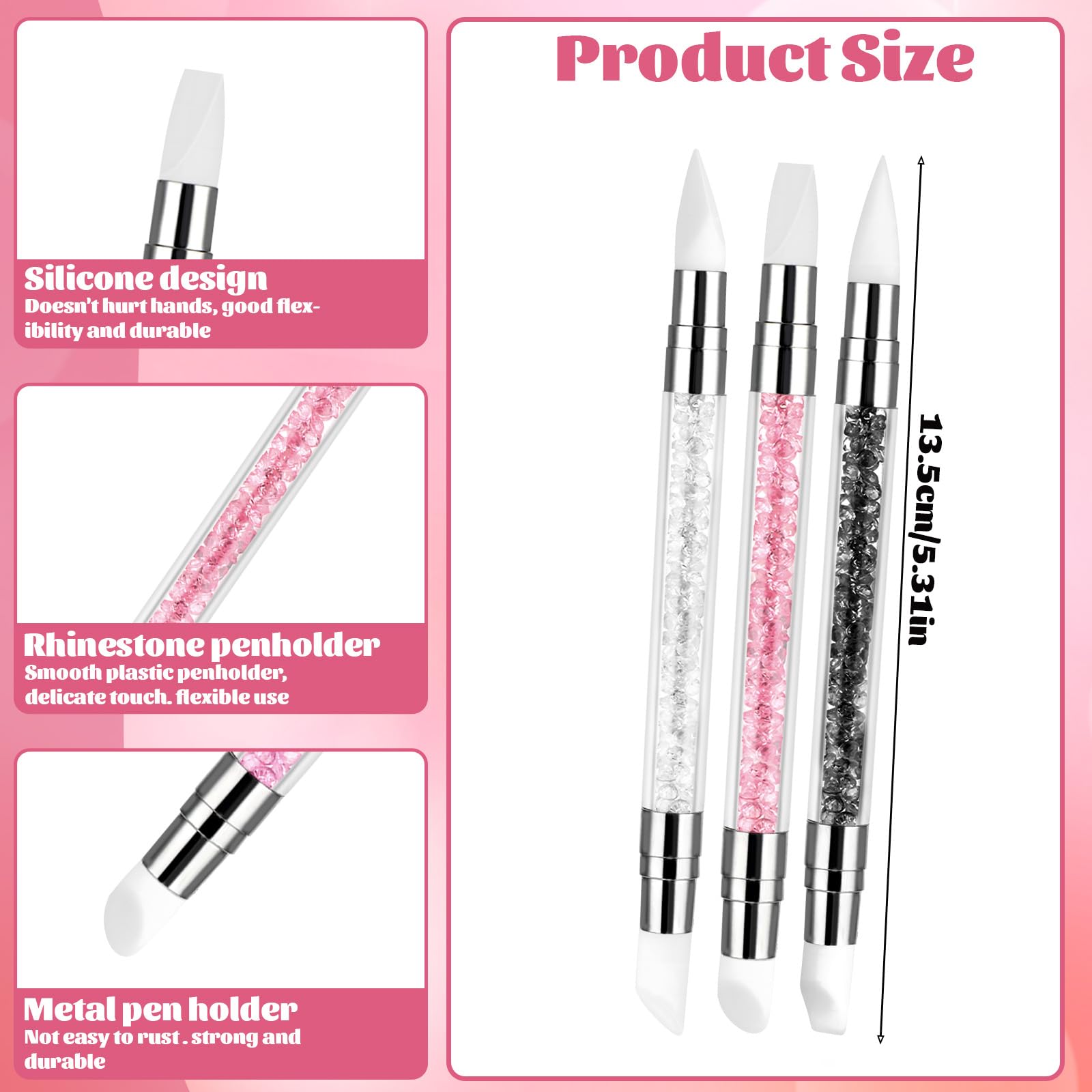 3 bolígrafos de escultura para arte de uñas, herramientas de uñas de silicona de doble punta, cabeza de silicona, pinceles de arte de uñas con mango acrílico, bolígrafo de tallado de esmalte de uñas | Silicone Head Acrylic Handle Nail Art Brushes, Rhinest