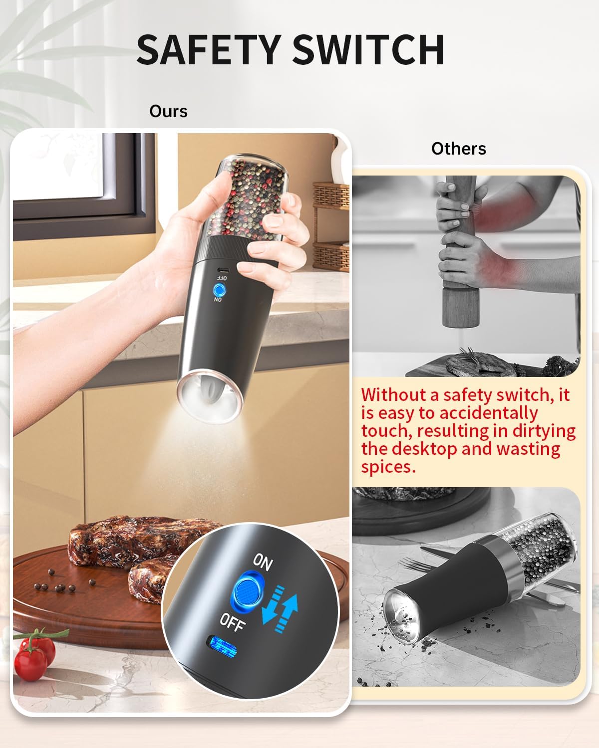 CIRCLE JOY Gravity - Juego de molinillo eléctrico de sal y pimienta con luz LED, funciona con pilas, grosor ajustable, gran capacidad, para el hogar, cocina, barbacoa