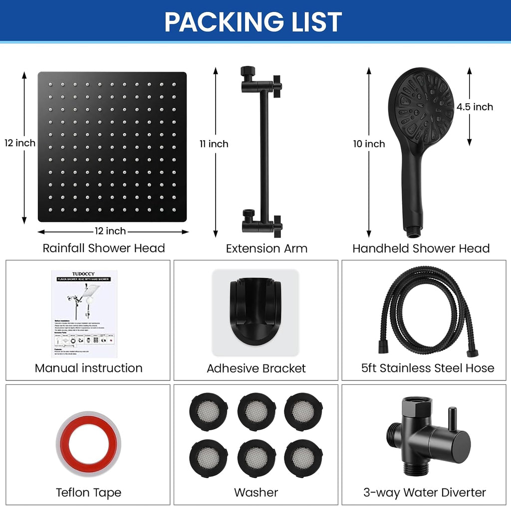 Cabezal de ducha de alta presión de 10 pulgadas, cabezal de ducha de mano con brazo de extensión de 11 pulgadas, cabezal antifugas de 9 ajustes con soporte, altura/ángulo ajustable, cromo, negro mate | 9 Settings, Anti-leak Shower Head with 11'' Extension