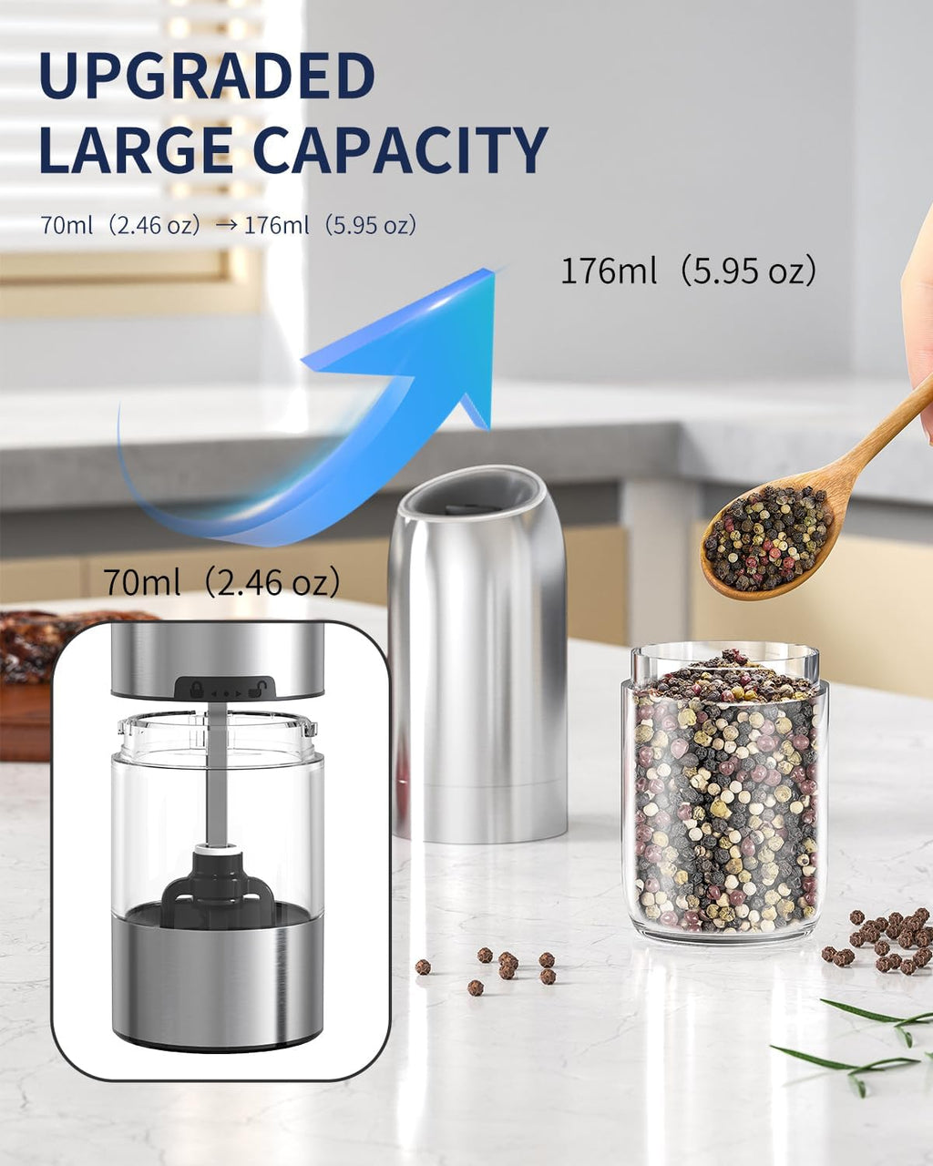 CIRCLE JOY Gravity - Juego de molinillo eléctrico de sal y pimienta con luz LED, funciona con pilas, grosor ajustable, gran capacidad, para el hogar, cocina, barbacoa