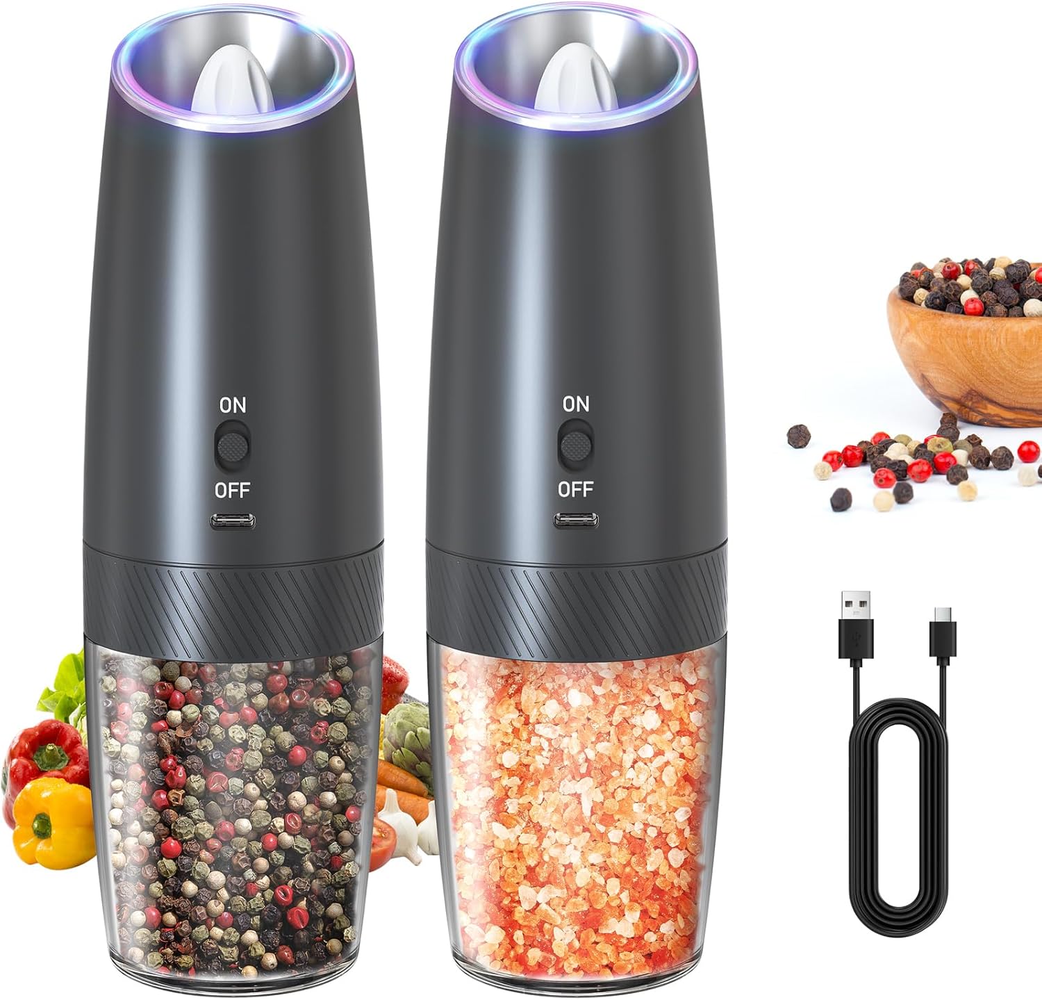CIRCLE JOY Gravity - Juego de molinillo eléctrico de sal y pimienta con luz LED, funciona con pilas, grosor ajustable, gran capacidad, para el hogar, cocina, barbacoa