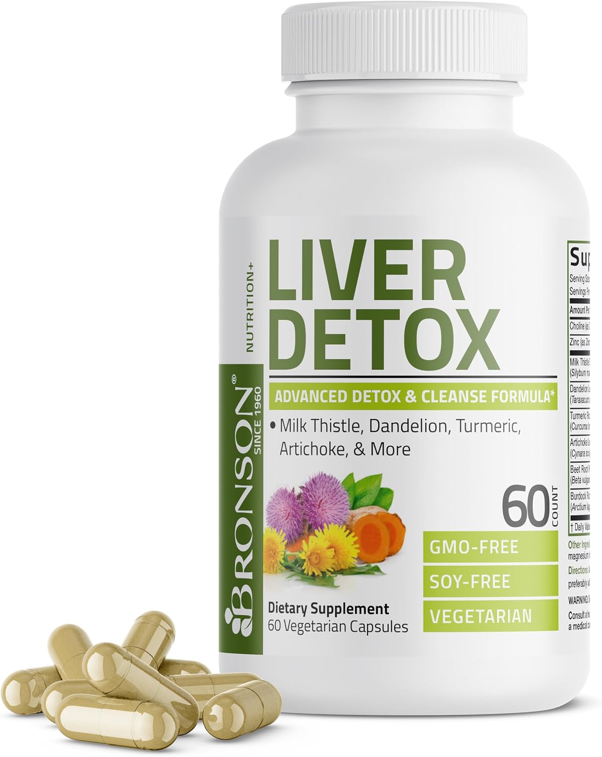 Bronson Desintoxicación Hepática Avanzada Fórmula de Limpieza y Descanso Apoya la Función Saludable del Hígado con Cardo Mariano, Raíz de Diente de León, Cúrcuma, Hoja de Alcachofa y Más, Sin GMO, 60 | Liver Health Support with Milk Thistle, Dandelion Ext