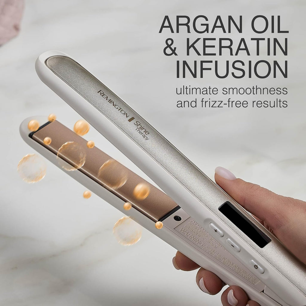 Remington Shine Therapy - Alisadora de cabello de 2 pulgadas, plancha alisadora infundida con aceite de argán y queratina, plancha alisadora profesional de cerámica para menos frizz, herramientas de | Ceramic flat iron plates infused with Argan Oil and Ke
