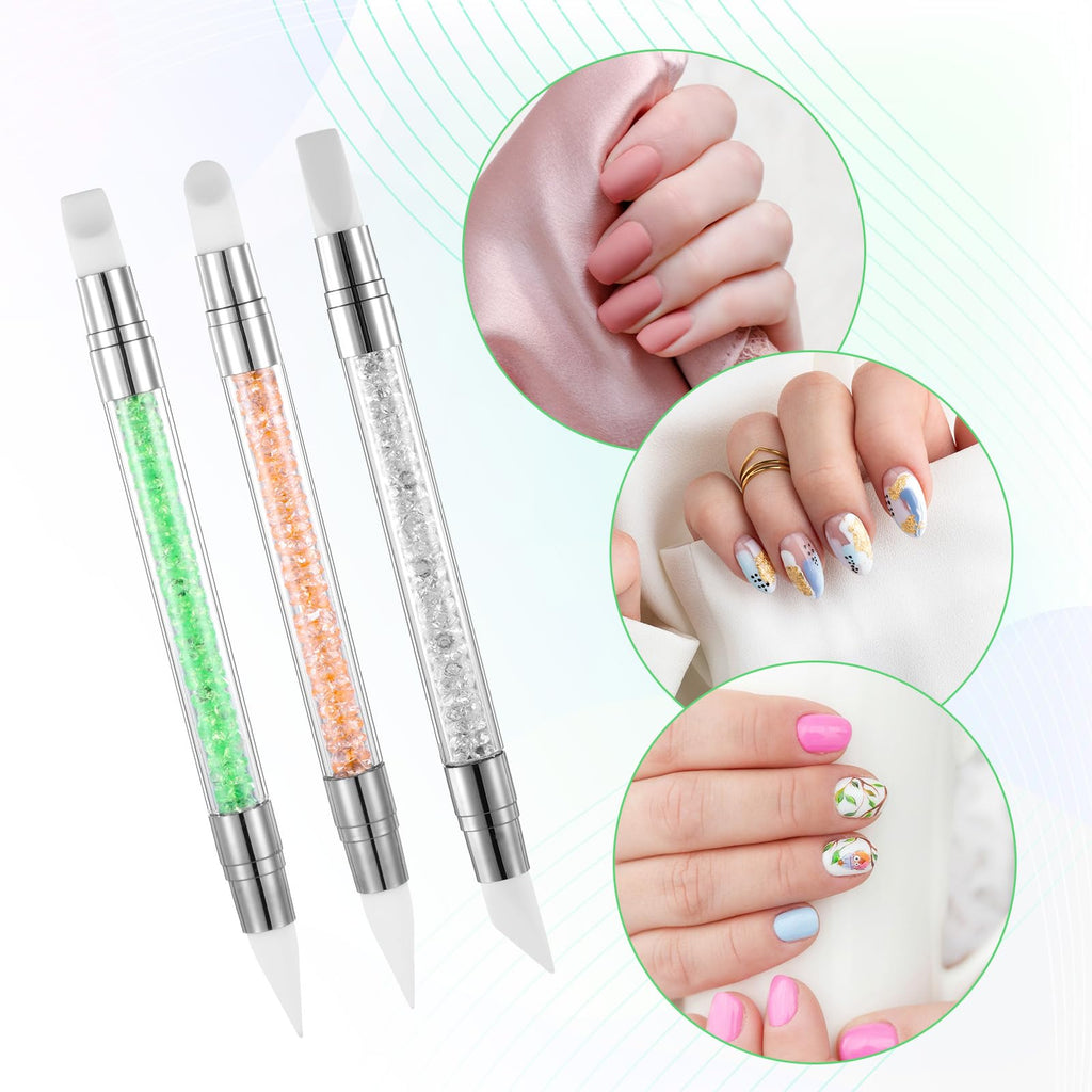 3 bolígrafos de escultura para arte de uñas, herramientas de uñas de silicona de doble punta, cabeza de silicona, pinceles de arte de uñas con mango acrílico, bolígrafo de tallado de esmalte de uñas | Silicone Head Acrylic Handle Nail Art Brushes, Rhinest