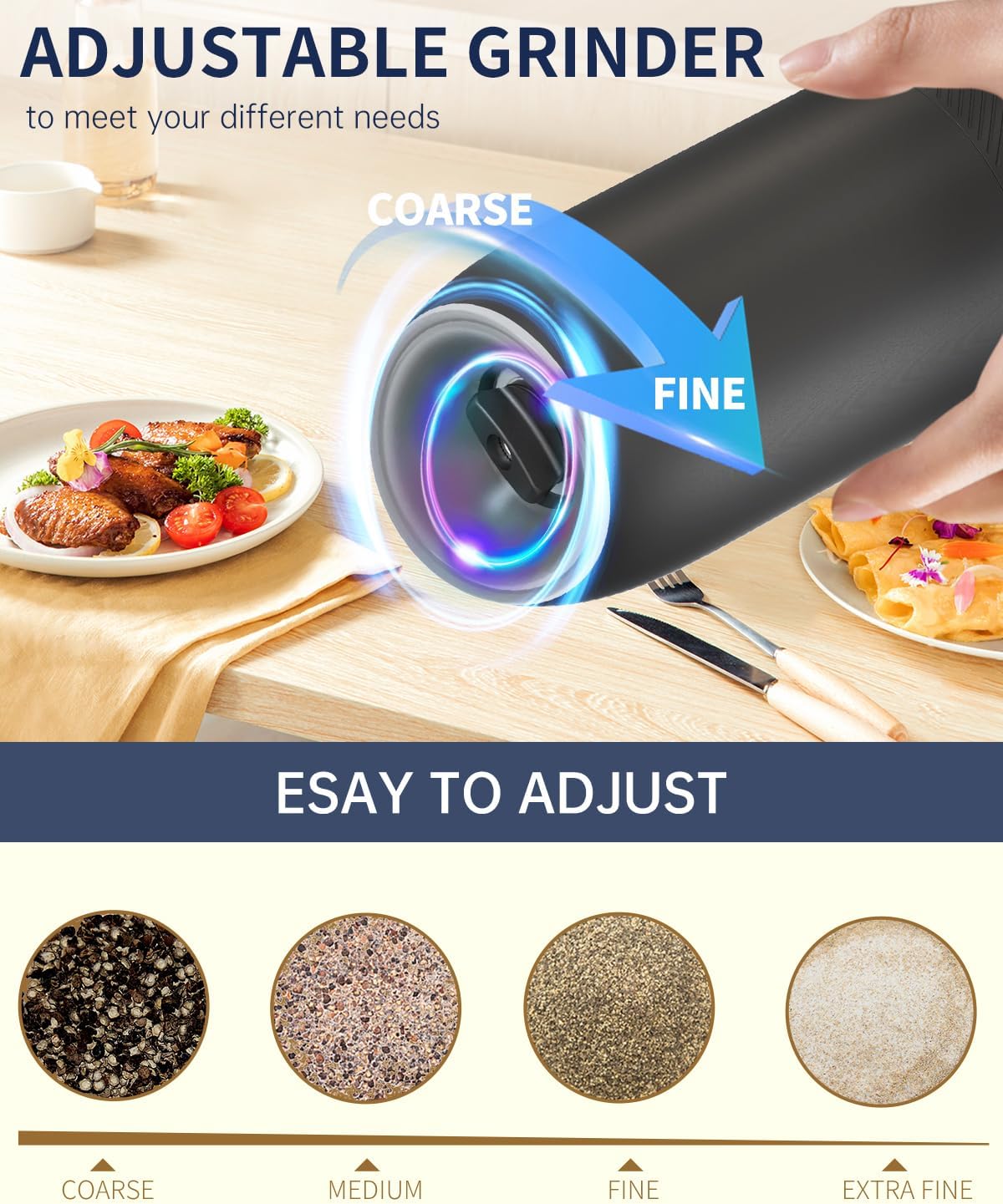CIRCLE JOY Gravity - Juego de molinillo eléctrico de sal y pimienta con luz LED, funciona con pilas, grosor ajustable, gran capacidad, para el hogar, cocina, barbacoa