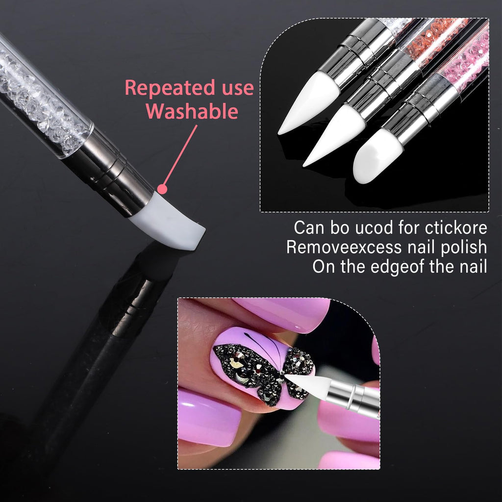 3 bolígrafos de escultura para arte de uñas, herramientas de uñas de silicona de doble punta, cabeza de silicona, pinceles de arte de uñas con mango acrílico, bolígrafo de tallado de esmalte de uñas | Silicone Head Acrylic Handle Nail Art Brushes, Rhinest
