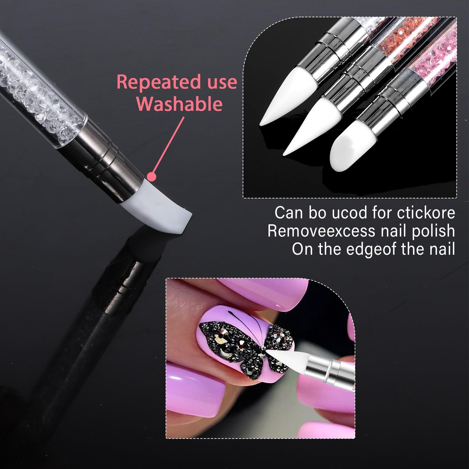 3 bolígrafos de escultura para arte de uñas, herramientas de uñas de silicona de doble punta, cabeza de silicona, pinceles de arte de uñas con mango acrílico, bolígrafo de tallado de esmalte de uñas | Silicone Head Acrylic Handle Nail Art Brushes, Rhinest