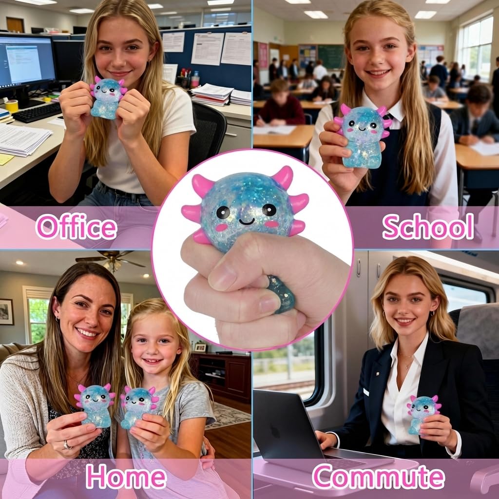 Axolotl - Juguete blando para aliviar el estrés – Lindo juguete para apretar con purpurina para niños y adultos, juguete sensorial para aliviar la ansiedad, recuerdo de fiesta de escritorio | Soft TPR, Floating Glitter, squeeze toy, busy hands, stress rel