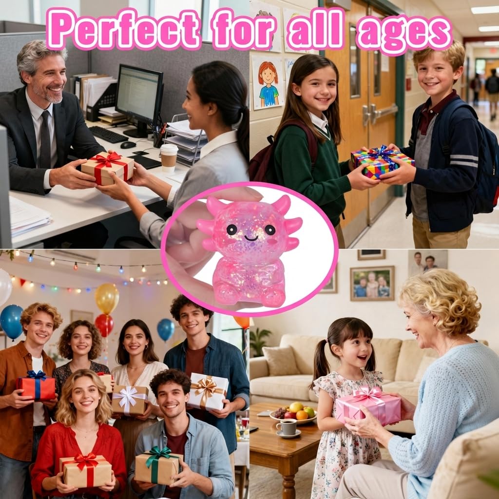 Axolotl - Juguete blando para aliviar el estrés – Lindo juguete para apretar con purpurina para niños y adultos, juguete sensorial para aliviar la ansiedad, recuerdo de fiesta de escritorio | Soft TPR, Floating Glitter, squeeze toy, busy hands, stress rel