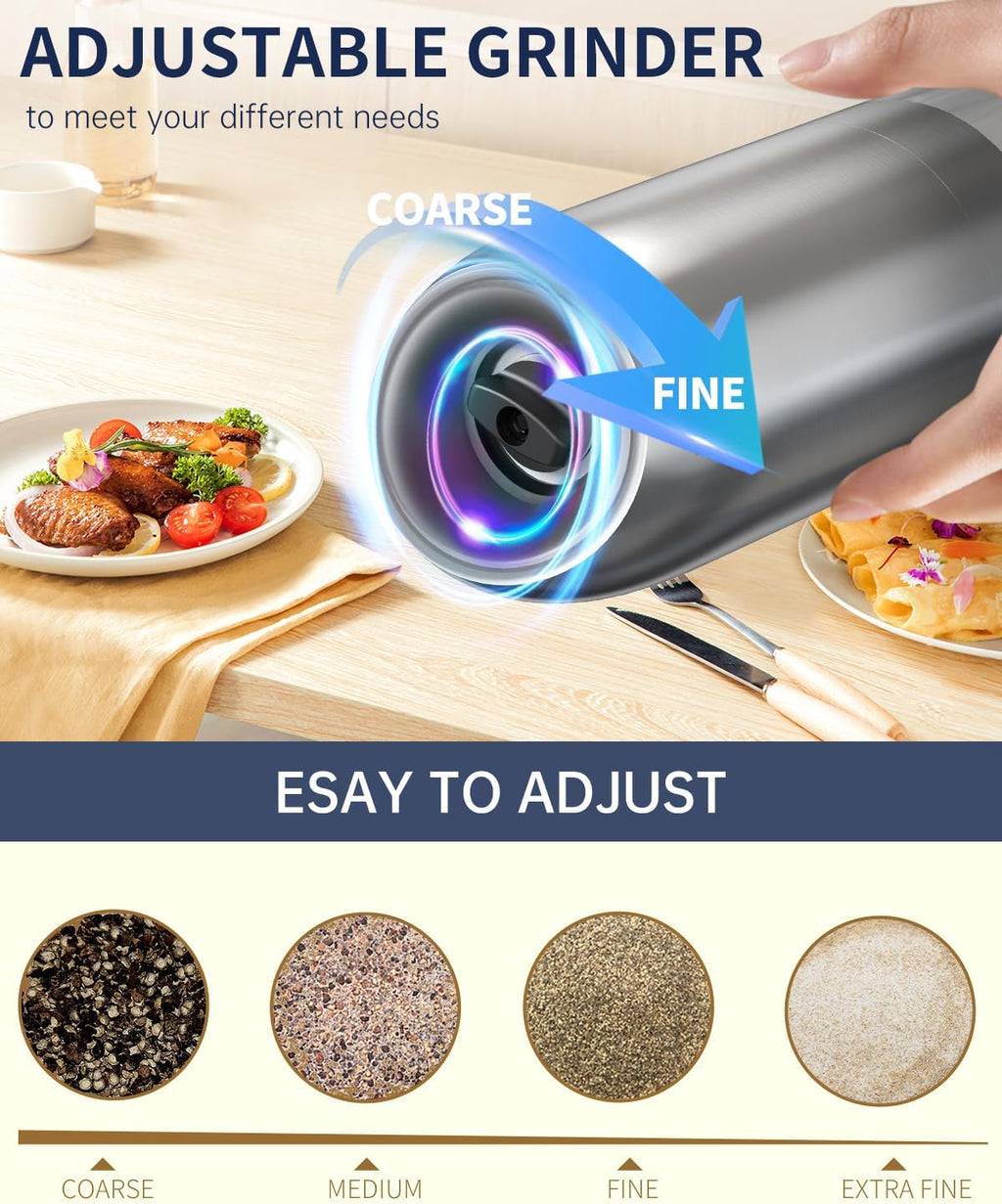 CIRCLE JOY Gravity - Juego de molinillo eléctrico de sal y pimienta con luz LED, funciona con pilas, grosor ajustable, gran capacidad, para el hogar, cocina, barbacoa