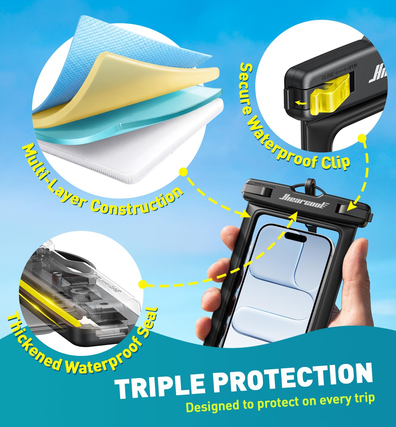 Hiearcool Funda impermeable IPX8 para iPhone 17/16/15/14 Pro Max, bolsa seca para teléfono celular para artículos esenciales de playa y crucero, pantalla táctil, cordón incluido, paquete de 2 (se adapta a hasta 8.9 pulgadas)