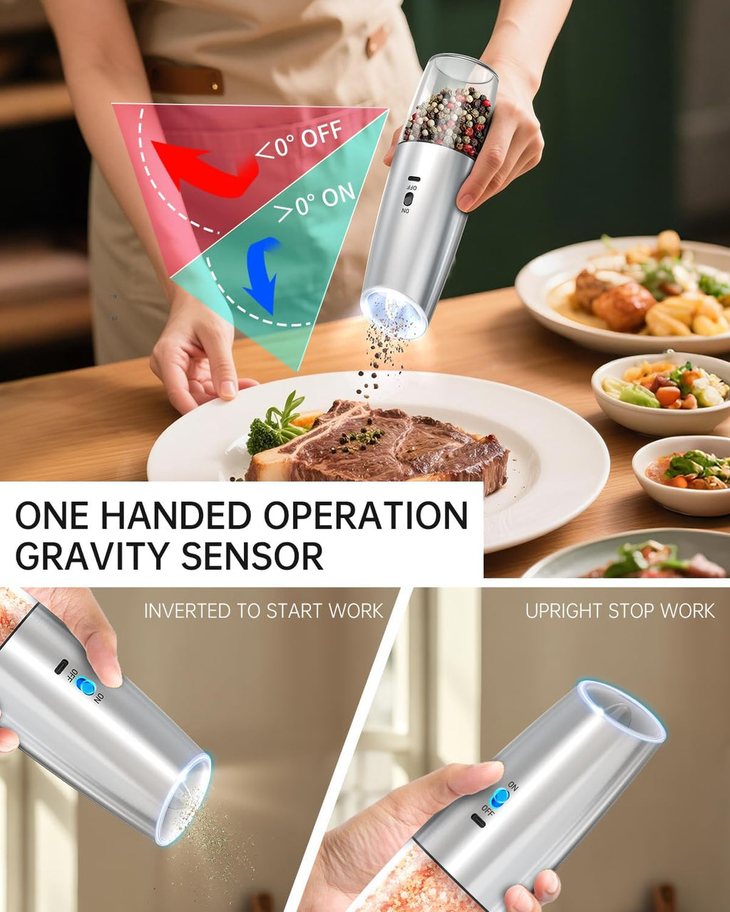 CIRCLE JOY Gravity - Juego de molinillo eléctrico de sal y pimienta con luz LED, funciona con pilas, grosor ajustable, gran capacidad, para el hogar, cocina, barbacoa