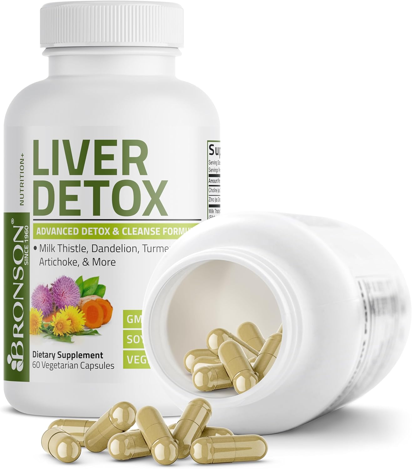 Bronson Desintoxicación Hepática Avanzada Fórmula de Limpieza y Descanso Apoya la Función Saludable del Hígado con Cardo Mariano, Raíz de Diente de León, Cúrcuma, Hoja de Alcachofa y Más, Sin GMO, 60 | Liver Health Support with Milk Thistle, Dandelion Ext