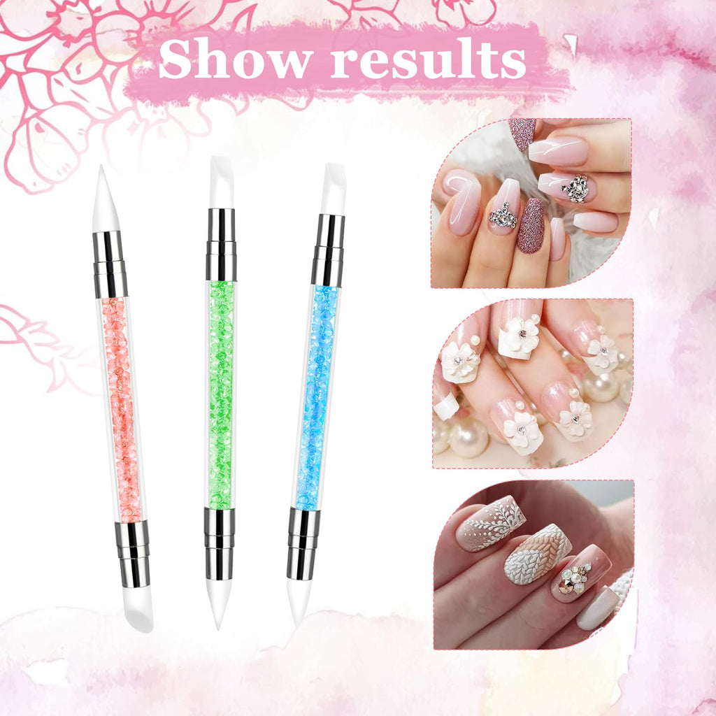 3 bolígrafos de escultura para arte de uñas, herramientas de uñas de silicona de doble punta, cabeza de silicona, pinceles de arte de uñas con mango acrílico, bolígrafo de tallado de esmalte de uñas | Silicone Head Acrylic Handle Nail Art Brushes, Rhinest