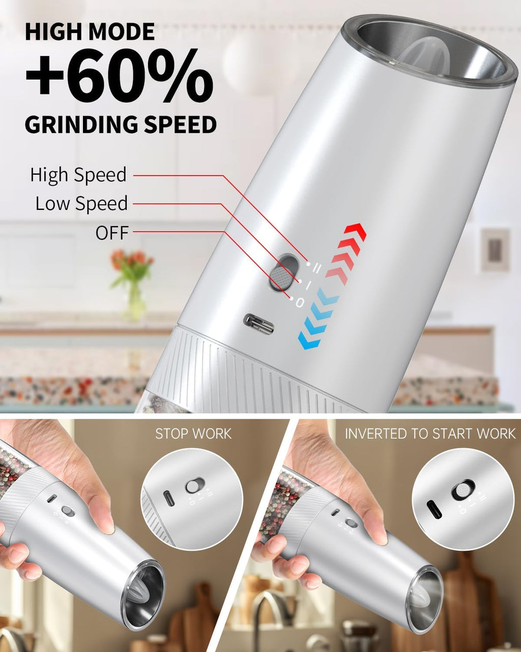 CIRCLE JOY Gravity - Juego de molinillo eléctrico de sal y pimienta con luz LED, funciona con pilas, grosor ajustable, gran capacidad, para el hogar, cocina, barbacoa