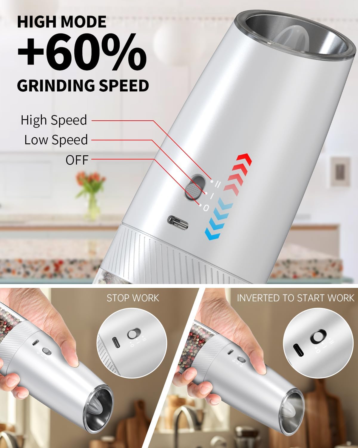 CIRCLE JOY Gravity - Juego de molinillo eléctrico de sal y pimienta con luz LED, funciona con pilas, grosor ajustable, gran capacidad, para el hogar, cocina, barbacoa