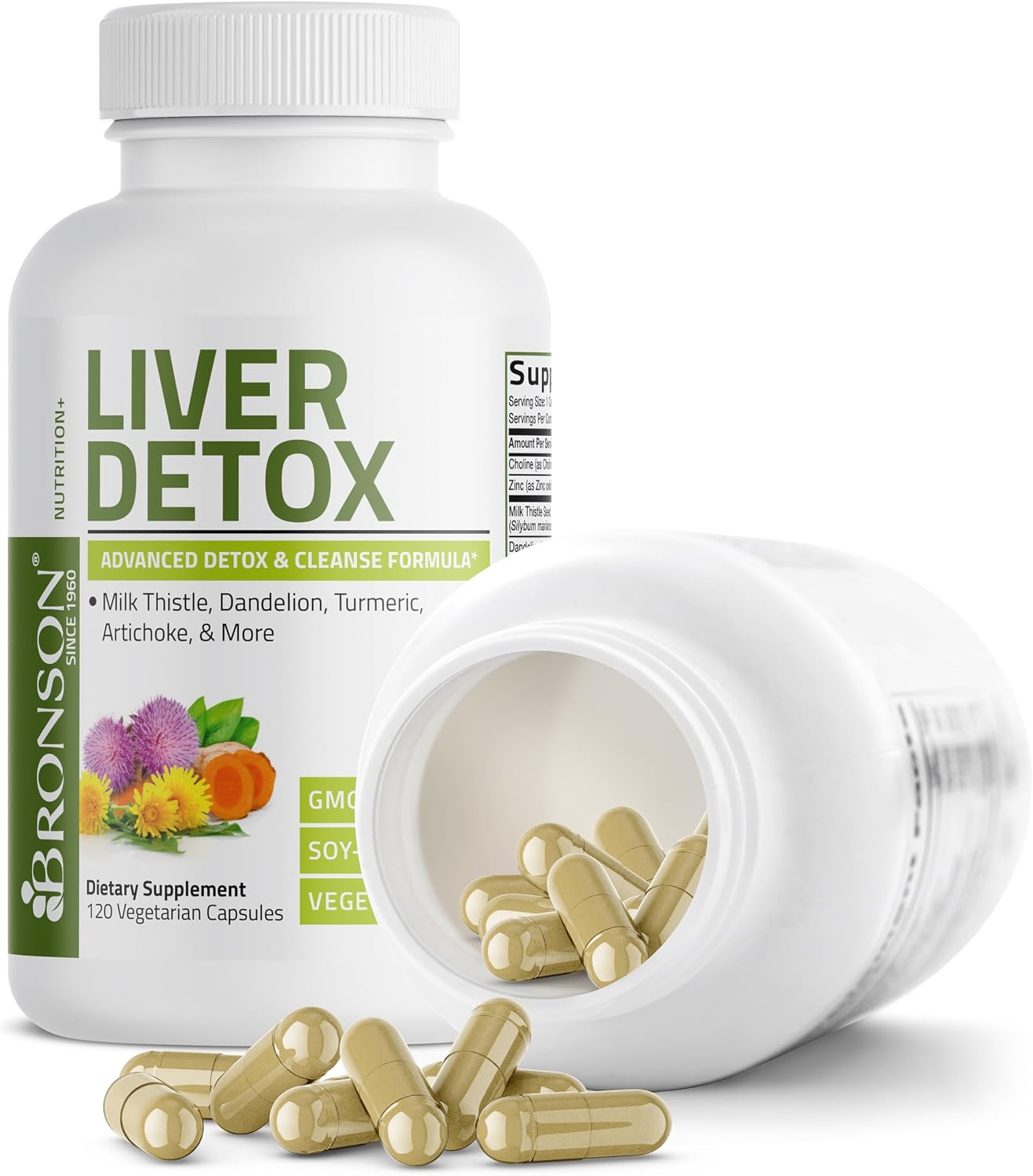 Bronson Desintoxicación Hepática Avanzada Fórmula de Limpieza y Descanso Apoya la Función Saludable del Hígado con Cardo Mariano, Raíz de Diente de León, Cúrcuma, Hoja de Alcachofa y Más, Sin GMO, 60 | Liver Health Support with Milk Thistle, Dandelion Ext