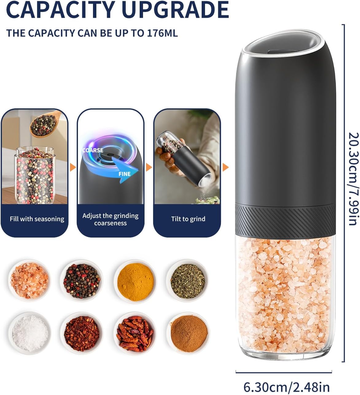 CIRCLE JOY Gravity - Juego de molinillo eléctrico de sal y pimienta con luz LED, funciona con pilas, grosor ajustable, gran capacidad, para el hogar, cocina, barbacoa