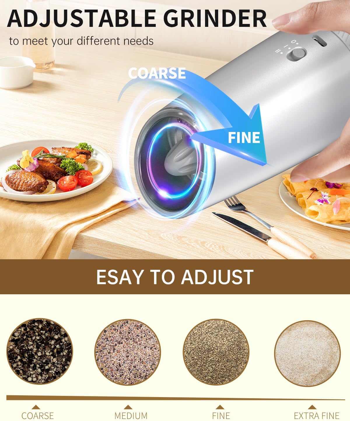 CIRCLE JOY Gravity - Juego de molinillo eléctrico de sal y pimienta con luz LED, funciona con pilas, grosor ajustable, gran capacidad, para el hogar, cocina, barbacoa