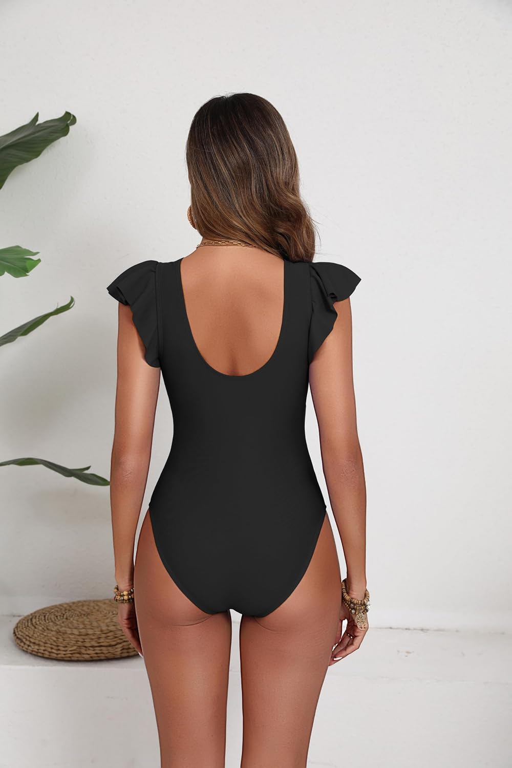 AI'MAGE Traje de baño de una pieza para mujer, sexy, de malla, cuello en V profundo, con volantes, manga casquillo, control de abdomen, tallas S-XXL