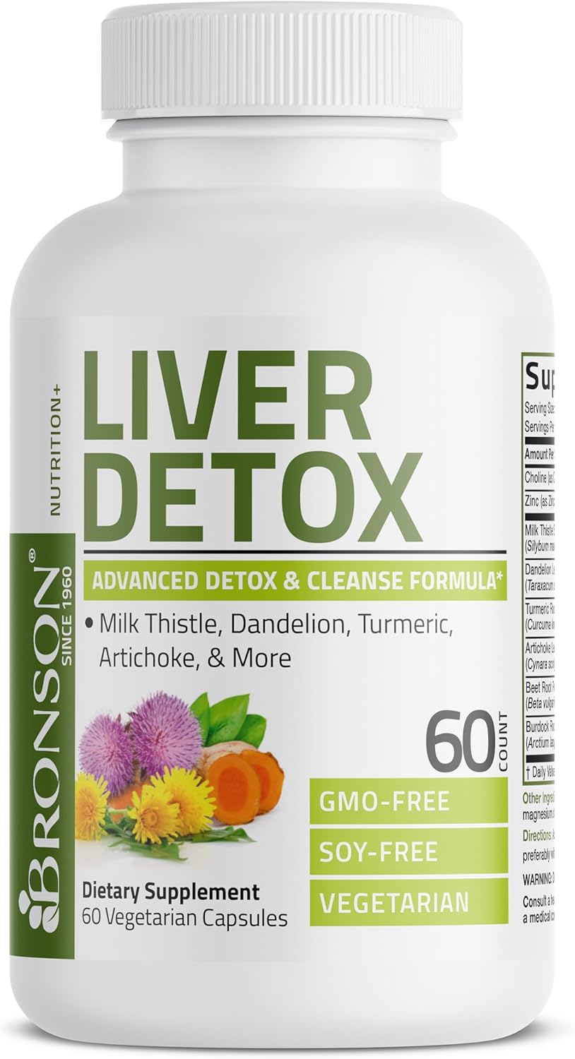 Bronson Desintoxicación Hepática Avanzada Fórmula de Limpieza y Descanso Apoya la Función Saludable del Hígado con Cardo Mariano, Raíz de Diente de León, Cúrcuma, Hoja de Alcachofa y Más, Sin GMO, 60 | Liver Health Support with Milk Thistle, Dandelion Ext