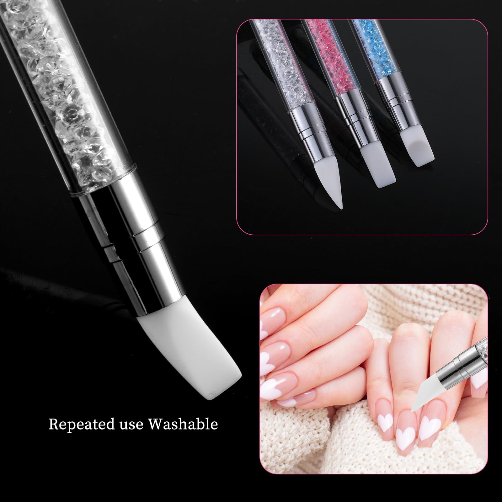 3 bolígrafos de escultura para arte de uñas, herramientas de uñas de silicona de doble punta, cabeza de silicona, pinceles de arte de uñas con mango acrílico, bolígrafo de tallado de esmalte de uñas | Silicone Head Acrylic Handle Nail Art Brushes, Rhinest