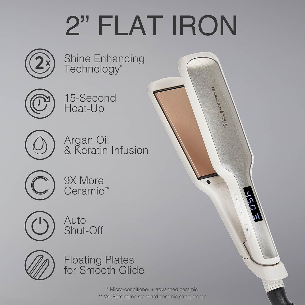 Remington Shine Therapy - Alisadora de cabello de 2 pulgadas, plancha alisadora infundida con aceite de argán y queratina, plancha alisadora profesional de cerámica para menos frizz, herramientas de | Ceramic flat iron plates infused with Argan Oil and Ke