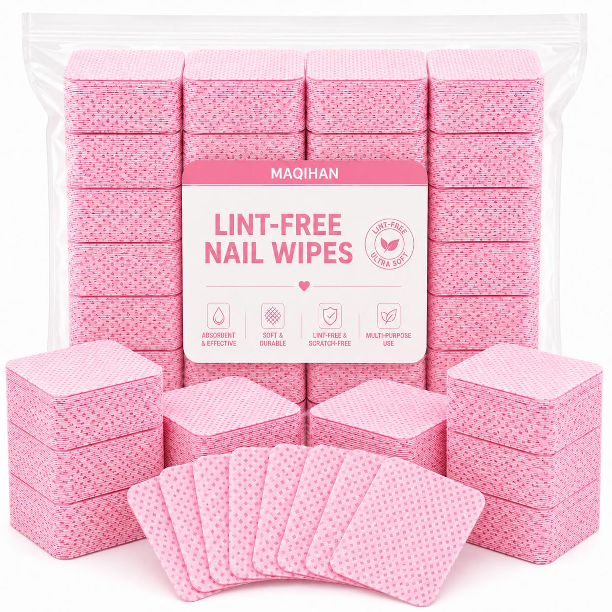 MAQIHAN 600 Toallitas para Uñas Sin Pelusa - Toallitas Removedoras de Esmalte de Uñas Rosa Sin Pelusa, Almohadillas para Uñas Sin Pelusa para Uñas de Gel, Toallitas de Pegamento para Uñas Sin Pelusa