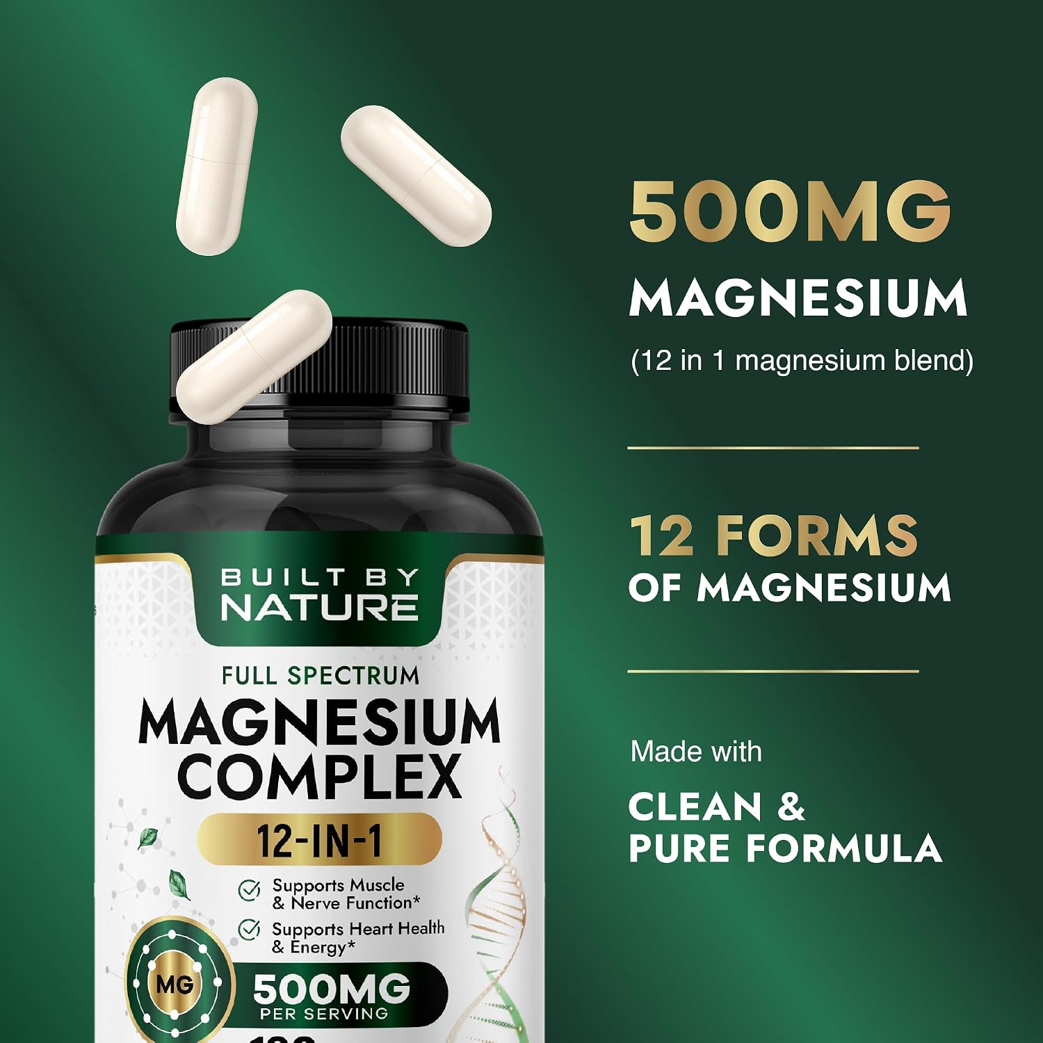 Built By Nature Complejo de magnesio de 500 mg, 120 cápsulas 12 formas de magnesio, glicinato, citrato, malato, óxido, quelado para absorción, músculo, nervio, corazón y apoyo para dormir