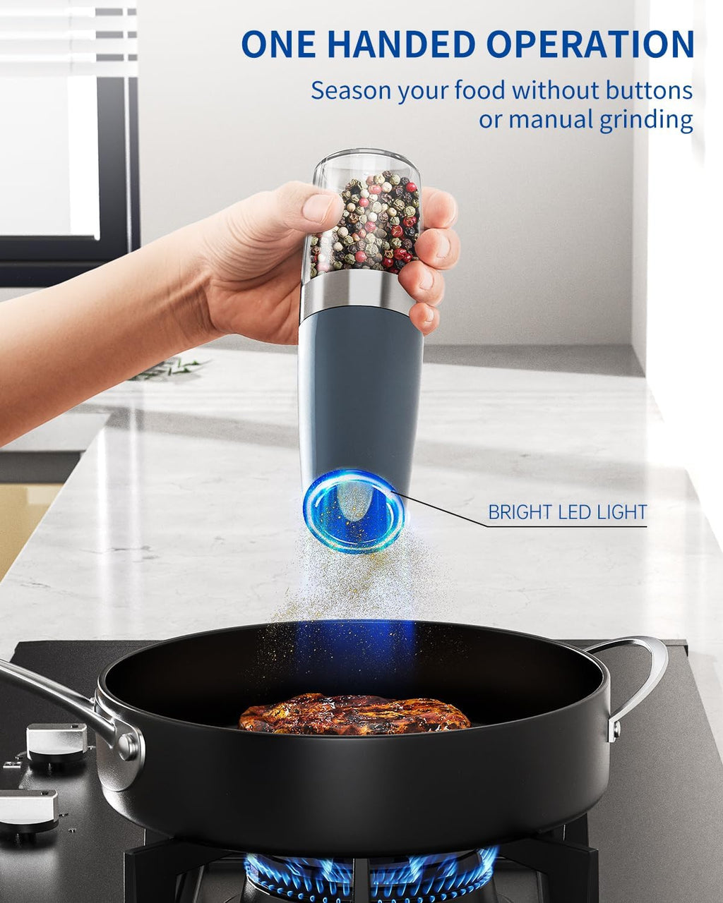 CIRCLE JOY Gravity - Juego de molinillo eléctrico de sal y pimienta con luz LED, funciona con pilas, grosor ajustable, gran capacidad, para el hogar, cocina, barbacoa
