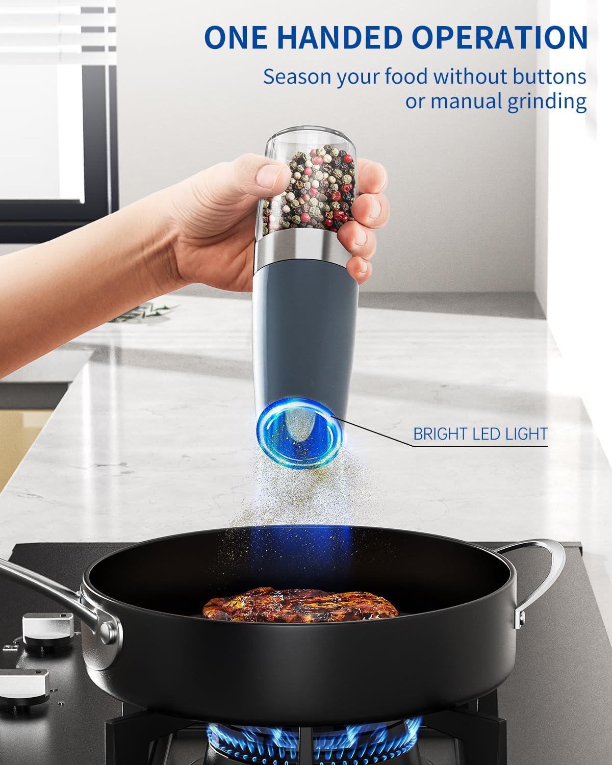CIRCLE JOY Gravity - Juego de molinillo eléctrico de sal y pimienta con luz LED, funciona con pilas, grosor ajustable, gran capacidad, para el hogar, cocina, barbacoa
