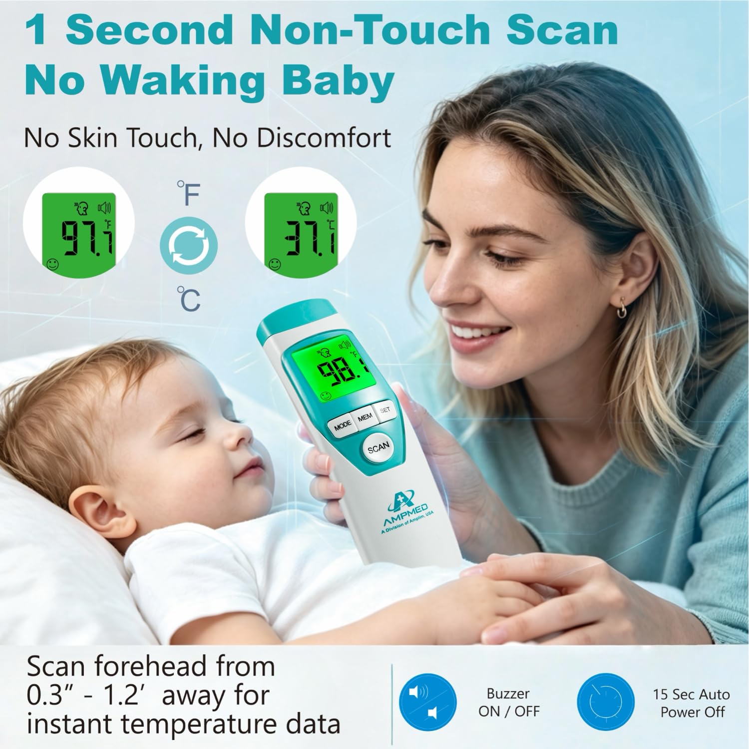 Termómetro de frente de grado médico Amplim para adultos, niños, bebés, termómetro infrarrojo digital sin contacto, lectura instantánea, detección precisa y rápida de fiebre, para uso en casa, clínica | Para adultos, niños, bebés, detección digital de fie