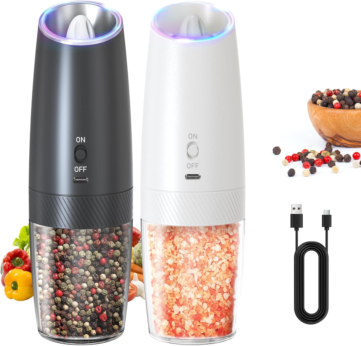 CIRCLE JOY Gravity - Juego de molinillo eléctrico de sal y pimienta con luz LED, funciona con pilas, grosor ajustable, gran capacidad, para el hogar, cocina, barbacoa