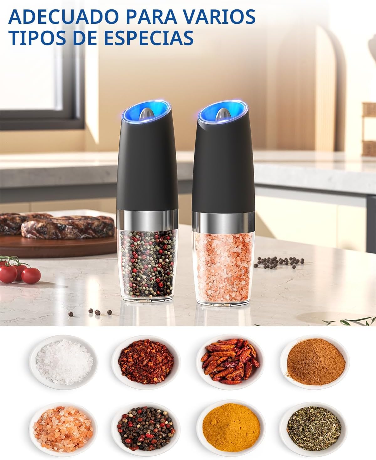 CIRCLE JOY Gravity - Juego de molinillo eléctrico de sal y pimienta con luz LED, funciona con pilas, grosor ajustable, gran capacidad, para el hogar, cocina, barbacoa