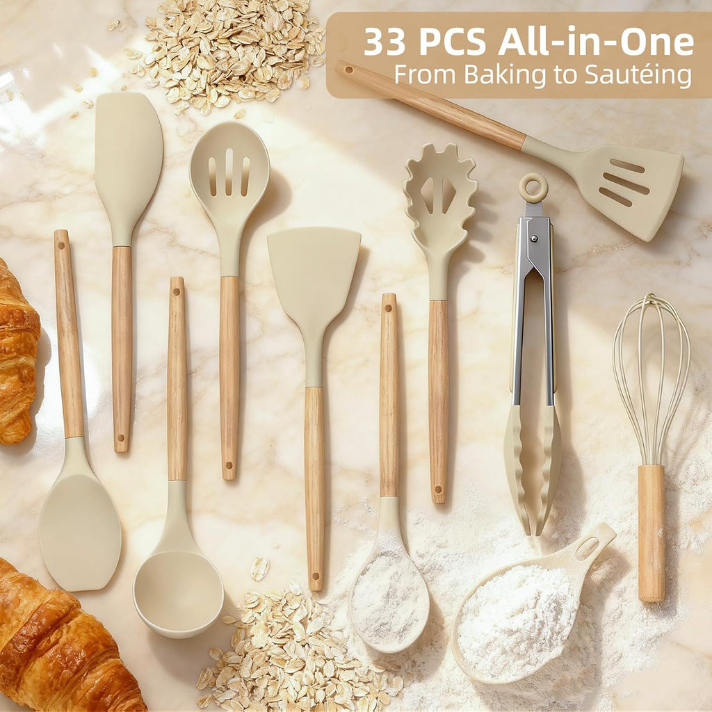 Juego de utensilios de cocina de silicona 33 piezas, grado alimenticio resistente al calor | Juego de utensilios de cocina de silicona antiadherentes sin BPA, con soporte, mango de madera de tacto frío (caqui)