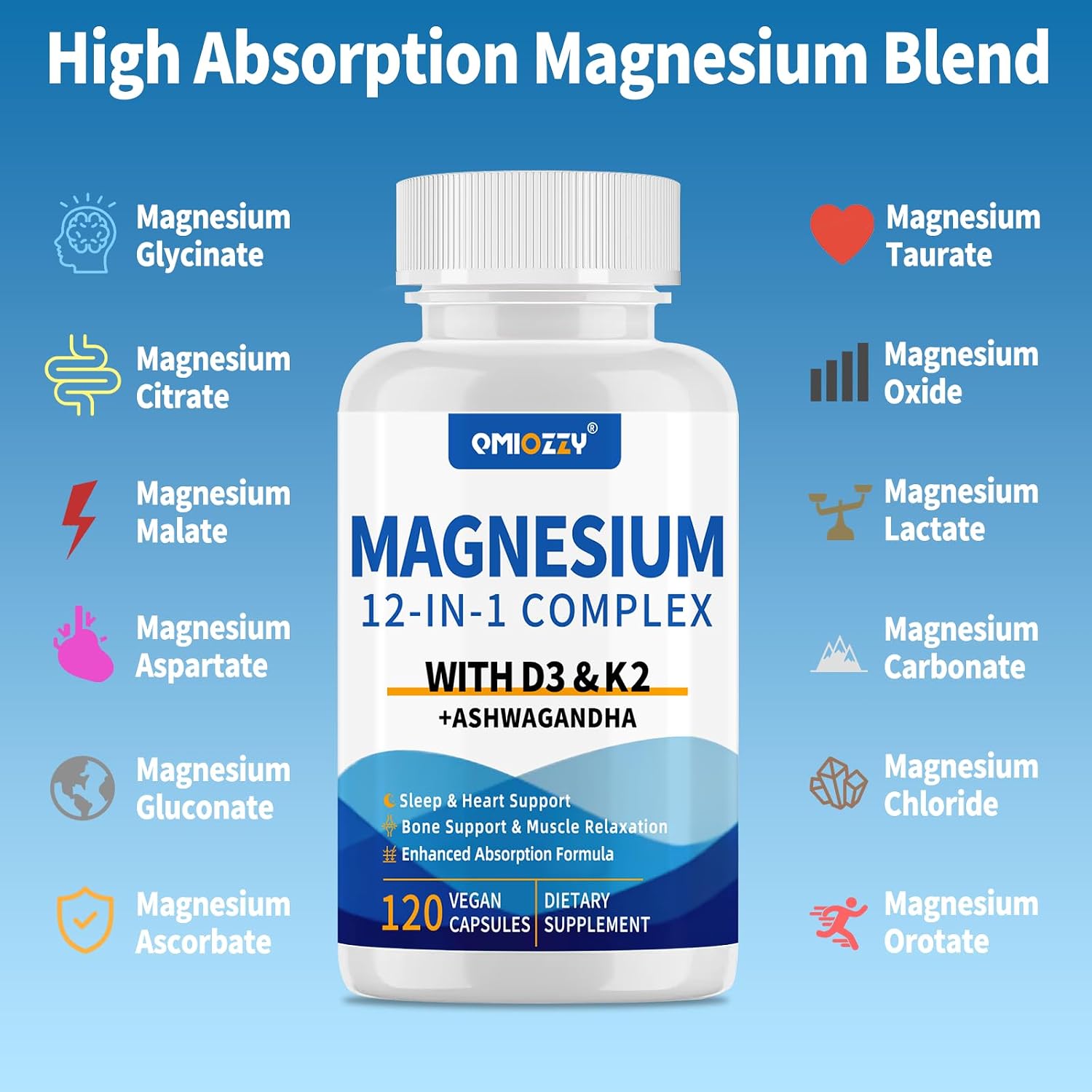 Complejo de magnesio 12 en 1 Suplemento para mujeres y hombres 700 mg, glicinato de magnesio con vitamina D3 K2, citrato malato óxido taurato aspartato orrotato, para relajación, corazón, energía | Magnesium Glycinate with Vitamin D3 K2, Citrate Malate Ox