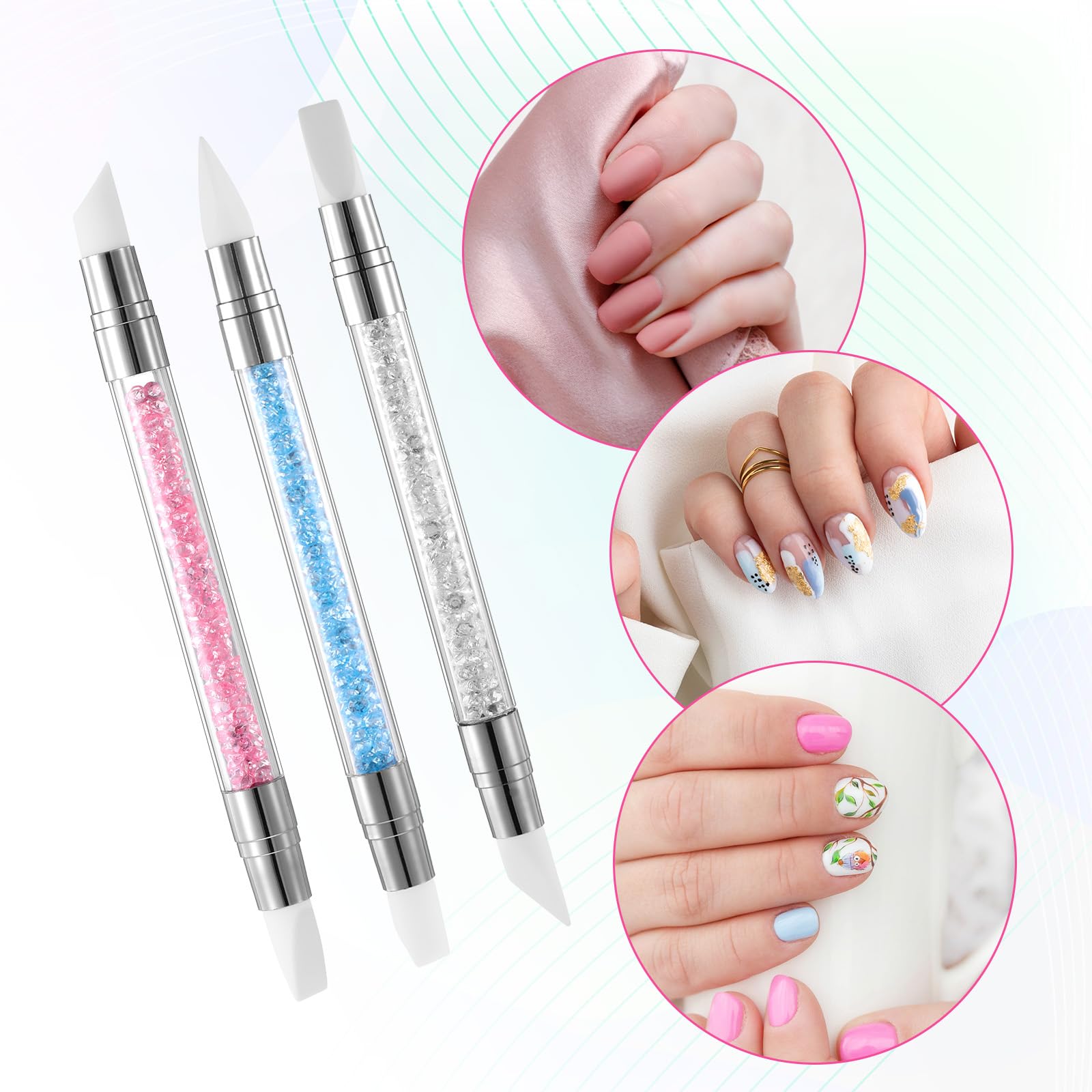 3 bolígrafos de escultura para arte de uñas, herramientas de uñas de silicona de doble punta, cabeza de silicona, pinceles de arte de uñas con mango acrílico, bolígrafo de tallado de esmalte de uñas | Silicone Head Acrylic Handle Nail Art Brushes, Rhinest