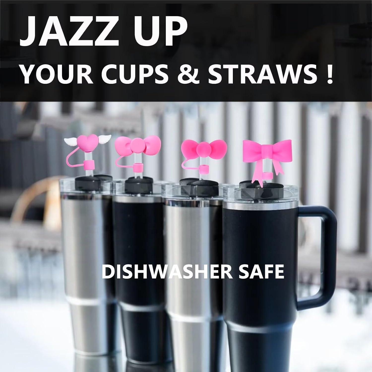6 fundas de popote de color rosa compatibles con vasos Stanley de 30 y 40 onzas, reutilizables, bonitas puntas de popote de silicona, protectores para copas Stanley de 0.4 pulgadas/0.394 in