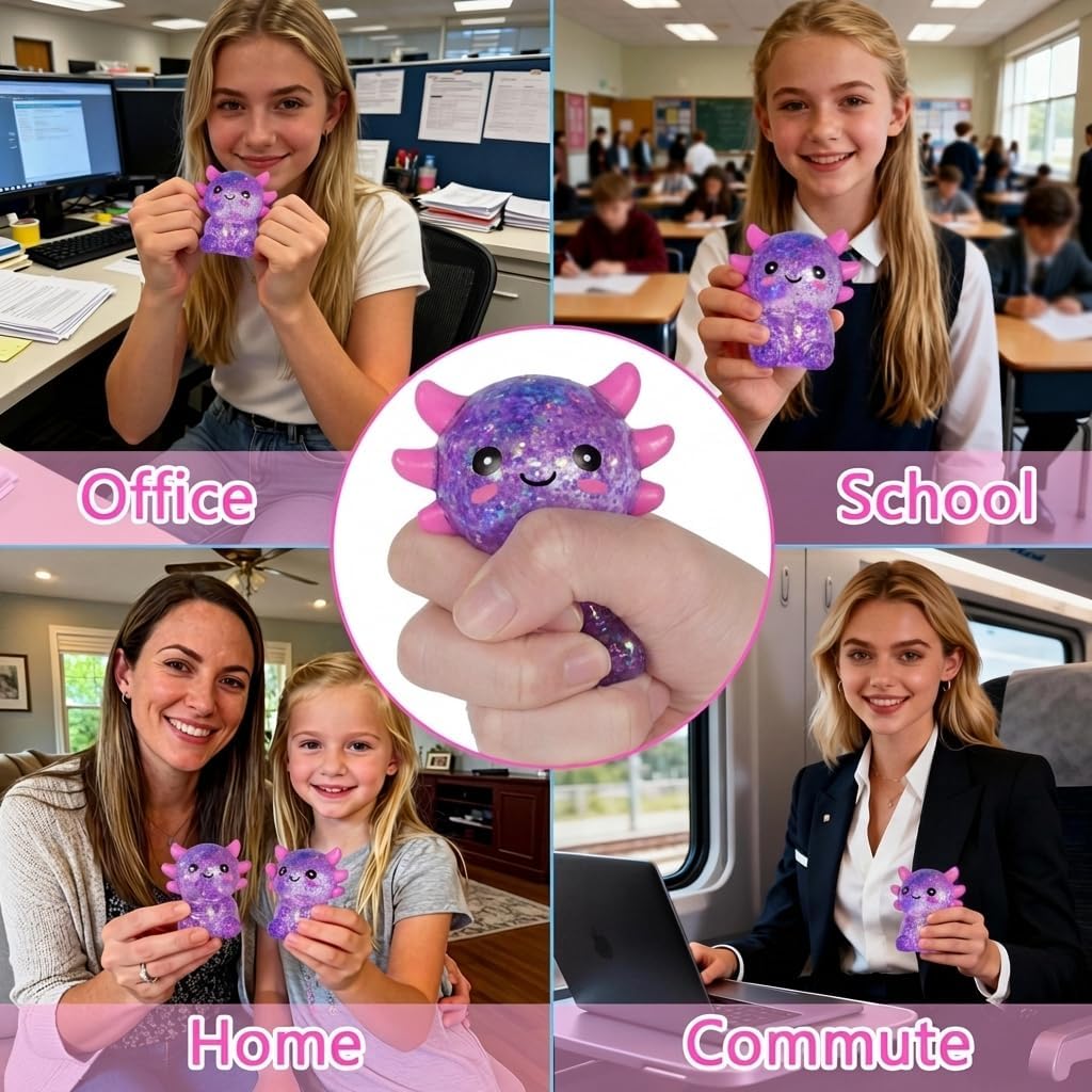 Axolotl - Juguete blando para aliviar el estrés – Lindo juguete para apretar con purpurina para niños y adultos, juguete sensorial para aliviar la ansiedad, recuerdo de fiesta de escritorio | Soft TPR, Floating Glitter, squeeze toy, busy hands, stress rel