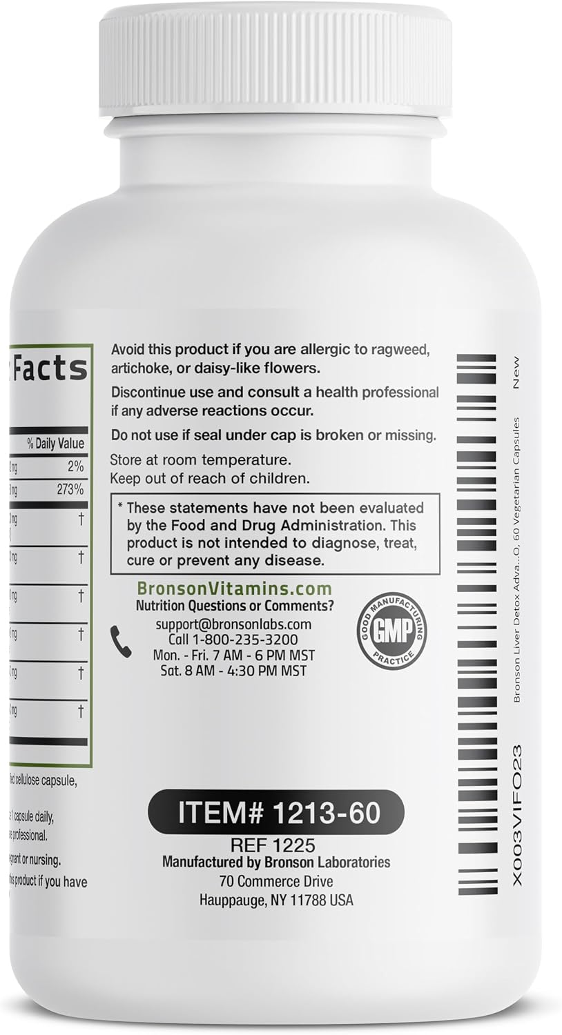 Bronson Desintoxicación Hepática Avanzada Fórmula de Limpieza y Descanso Apoya la Función Saludable del Hígado con Cardo Mariano, Raíz de Diente de León, Cúrcuma, Hoja de Alcachofa y Más, Sin GMO, 60 | Liver Health Support with Milk Thistle, Dandelion Ext
