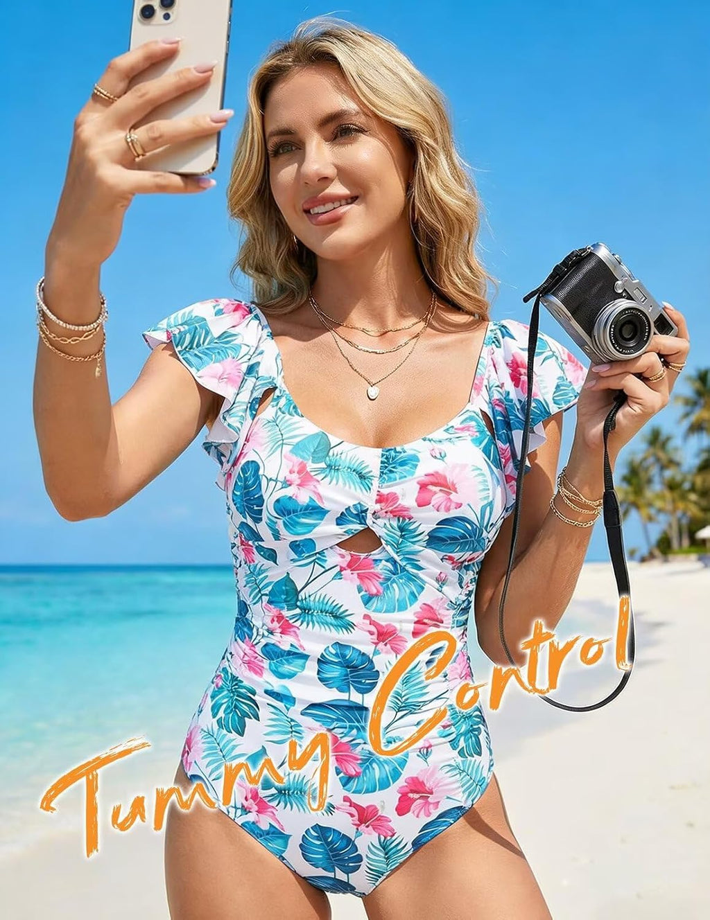 Traje de baño de una pieza con volantes para mujer, con control de abdomen, estampado floral, fruncido, adelgazante, monokini