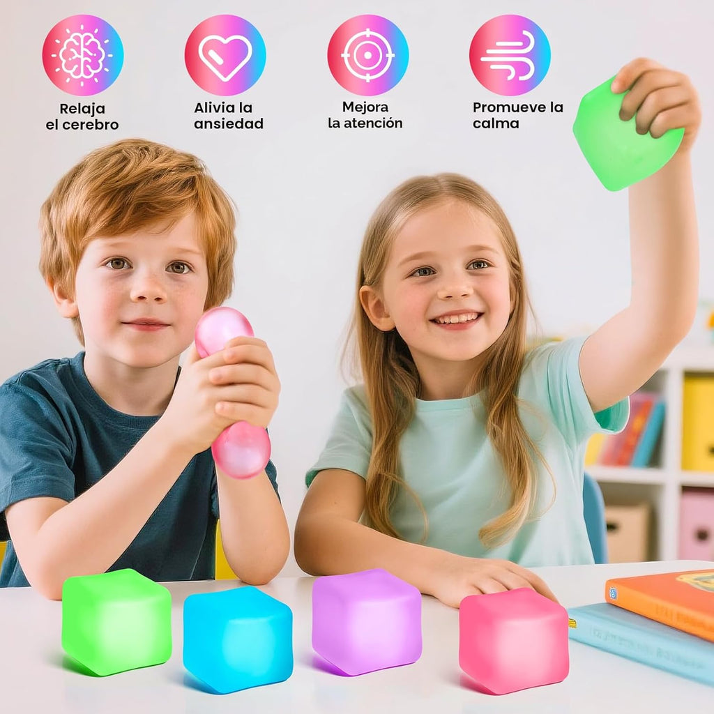 Paquete de 4 Cubos Antiestrés, Pelotas Antiestrés con Forma de Cubo de Hielo de Elevación Lenta para Adultos y Niños, Juguete Sensorial Fidget para Alivio de Ansiedad, Pelotas Blandas de Forma | Sensory Fidget Toy for Anxiety Relief, Square Shape Cube Squ